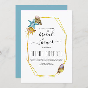 Gold polygon seashells beach wedding bridal shower invitation