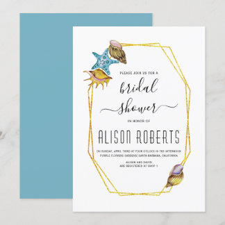 Gold polygon seashells beach wedding bridal shower invitation