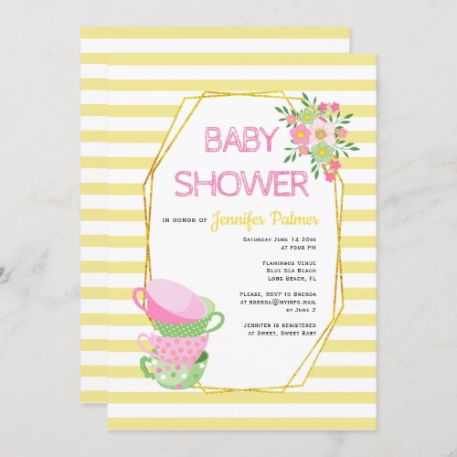 Gold polygon teacups floral yellow baby shower invitation