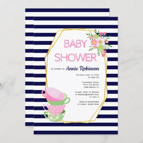 Gold polygon teacups navy blue floral baby shower invitation