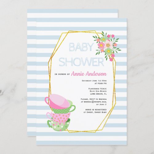 Gold polygon teacups pale blue floral baby shower invitation