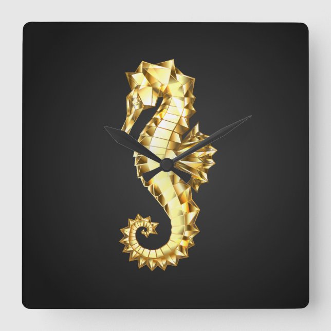 Gold Polygonal Seahorse Square Wall Clock (Front)