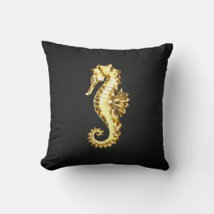 Gold Polygonal Seahorse Throw Pillow