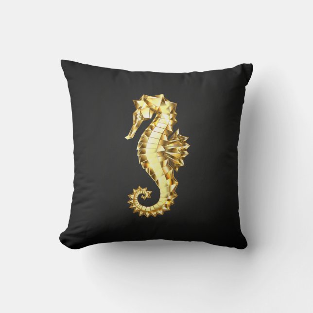Gold Polygonal Seahorse Throw Pillow (Front)
