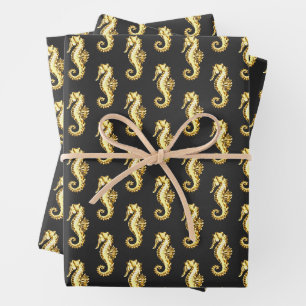 Gold Polygonal Seahorse Wrapping Paper Sheets