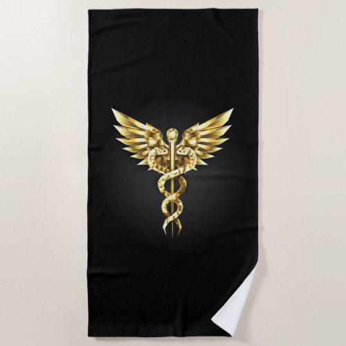 Gold Polygonal Symbol Caduceus Beach Towel