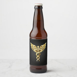Gold Polygonal Symbol Caduceus Beer Bottle Label