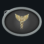 Gold Polygonal Symbol Caduceus Belt Buckle<br><div class="desc">Gold polygonal Caduceus symbols on black isolated background. Low poly symbol of medicine.</div>