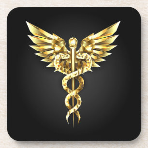 Gold Polygonal Symbol Caduceus Beverage Coaster