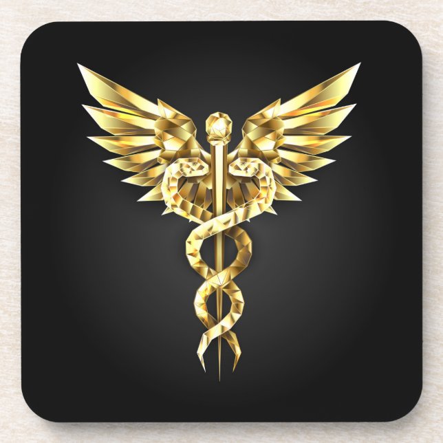 Gold Polygonal Symbol Caduceus Beverage Coaster (Front)