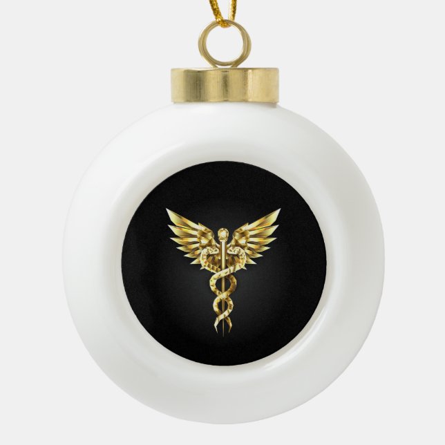 Gold Polygonal Symbol Caduceus Ceramic Ball Christmas Ornament (Front)