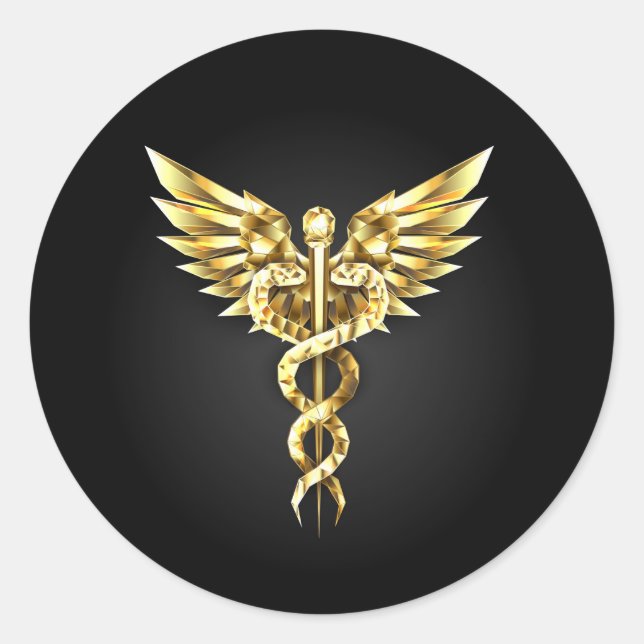 Gold Polygonal Symbol Caduceus Classic Round Sticker (Front)