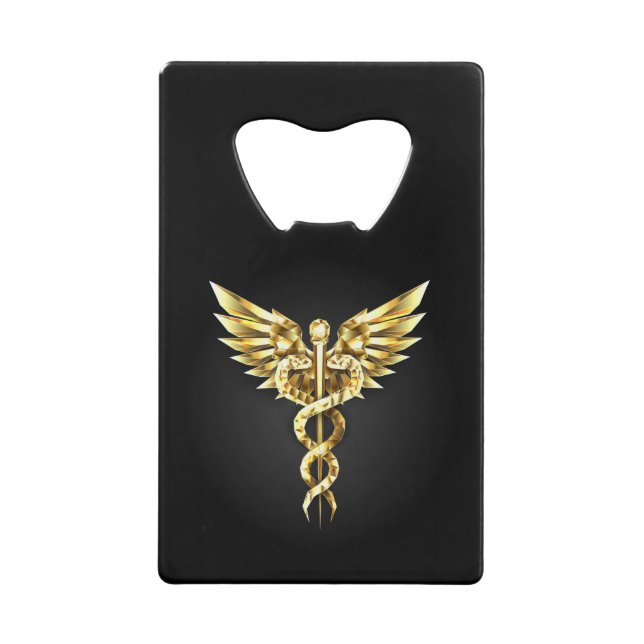 Gold Polygonal Symbol Caduceus Credit Card Bottle Opener (Front)