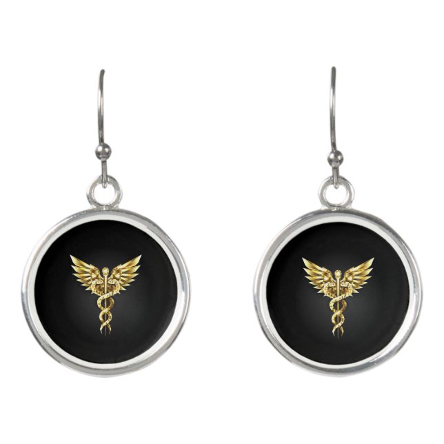 Gold Polygonal Symbol Caduceus Earrings (Front)