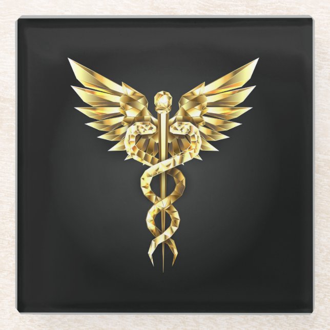 Gold Polygonal Symbol Caduceus Glass Coaster (Front)