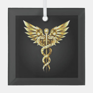 Gold Polygonal Symbol Caduceus Glass Ornament