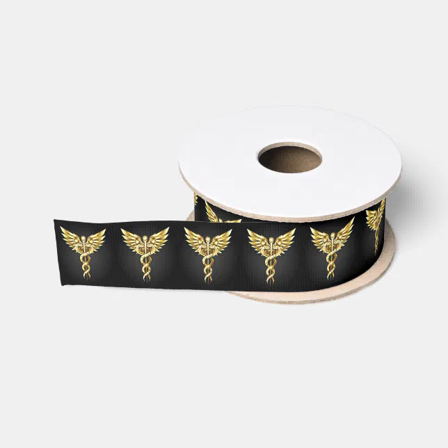 Gold Polygonal Symbol Caduceus Grosgrain Ribbon | Zazzle