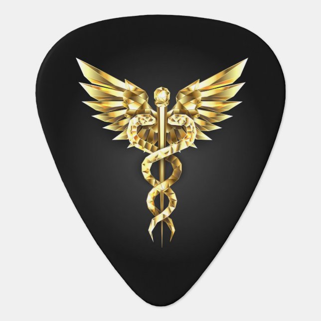 Gold Polygonal Symbol Caduceus Guitar Pick (Front)