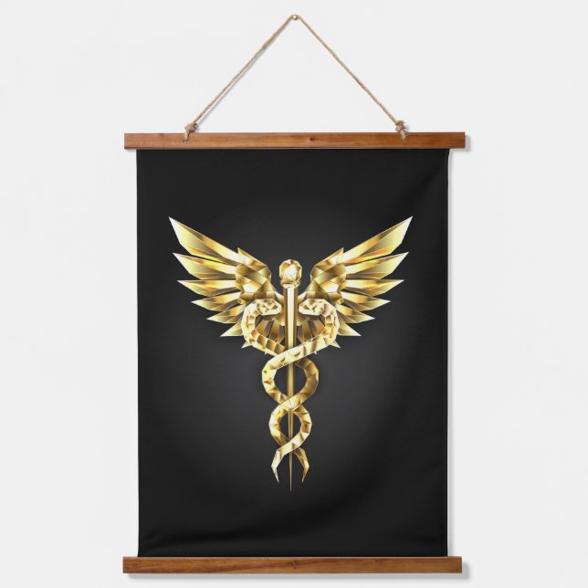 Gold Polygonal Symbol Caduceus Hanging Tapestry (Front)