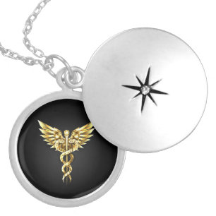 Gold Polygonal Symbol Caduceus Locket Necklace