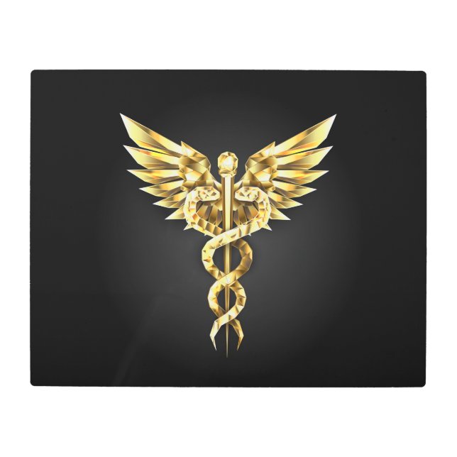 Gold Polygonal Symbol Caduceus Metal Print (Front)