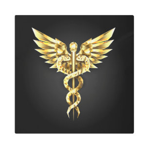 Gold Polygonal Symbol Caduceus Metal Print