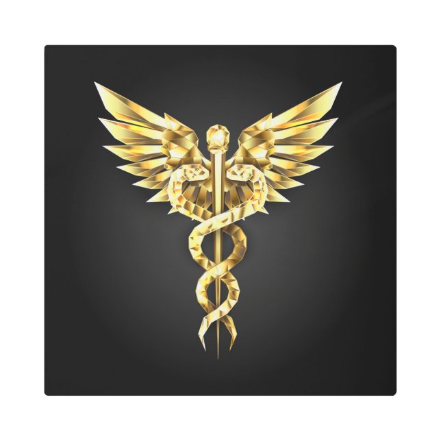 Gold Polygonal Symbol Caduceus Metal Print (Front)