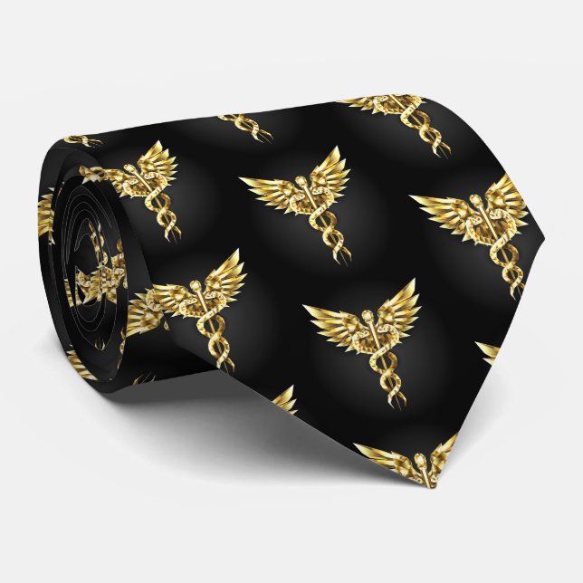 Gold Polygonal Symbol Caduceus Neck Tie (Rolled)