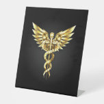 Gold Polygonal Symbol Caduceus Pedestal Sign