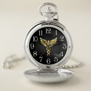 Gold Polygonal Symbol Caduceus Pocket Watch