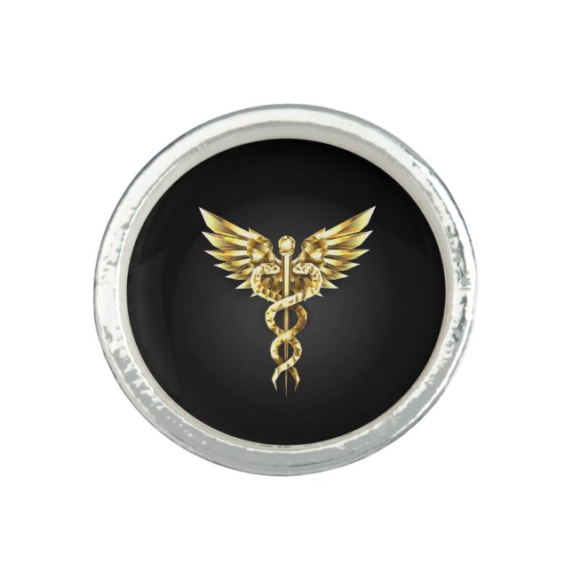 Gold Polygonal Symbol Caduceus Ring (Front)
