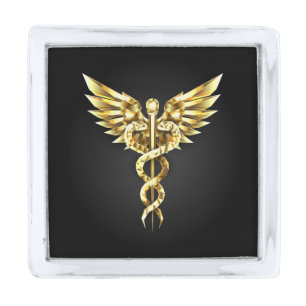 Gold Polygonal Symbol Caduceus Silver Finish Lapel Pin