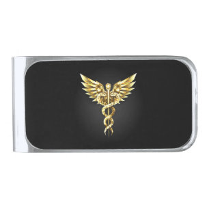 Gold Polygonal Symbol Caduceus Silver Finish Money Clip