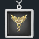 Gold Polygonal Symbol Caduceus Silver Plated Necklace<br><div class="desc">Gold polygonal Caduceus symbols on black isolated background. Low poly symbol of medicine.</div>