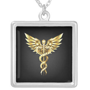 Gold Polygonal Symbol Caduceus Silver Plated Necklace