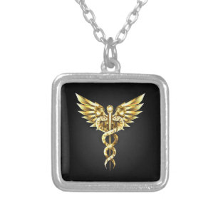 Gold Polygonal Symbol Caduceus Silver Plated Necklace