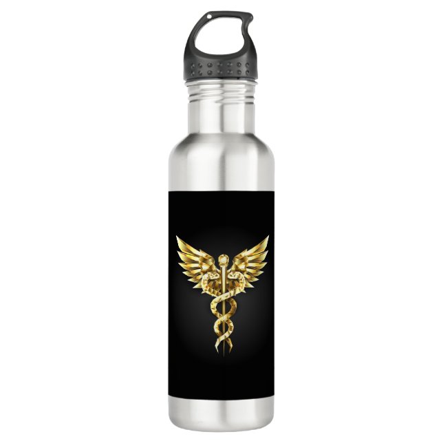 Gold Polygonal Symbol Caduceus Stainless Steel Water Bottle (Front)