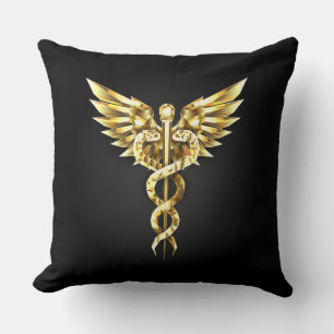 Gold Polygonal Symbol Caduceus Throw Pillow