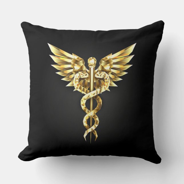 Gold Polygonal Symbol Caduceus Throw Pillow (Front)