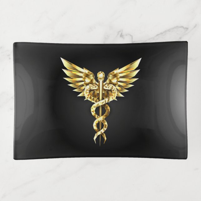 Gold Polygonal Symbol Caduceus Trinket Tray (Front)
