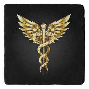 Gold Polygonal Symbol Caduceus Trivet