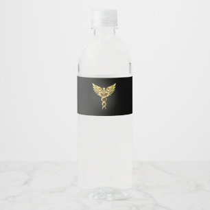 Gold Polygonal Symbol Caduceus Water Bottle Label