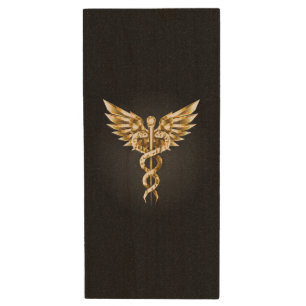 Gold Polygonal Symbol Caduceus Wood Flash Drive