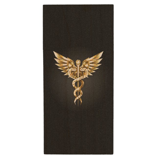 Gold Polygonal Symbol Caduceus Wood Flash Drive (Front Vertical)
