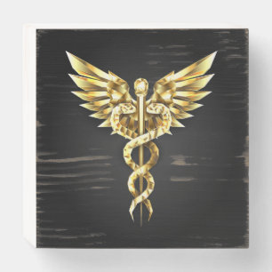 Gold Polygonal Symbol Caduceus Wooden Box Sign