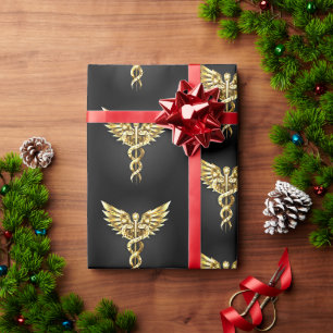 Gold Polygonal Symbol Caduceus Wrapping Paper