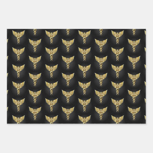 Gold Polygonal Symbol Caduceus Wrapping Paper Sheets