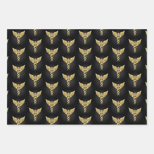 Gold Polygonal Symbol Caduceus Wrapping Paper Sheets (Front)