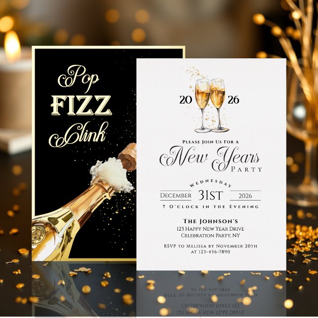 Gold Pop Fizz Clink New Years Eve Party Foil Invitation (New Years Eve Party Black and White Pop Fizz Clink Foil Invitation)
