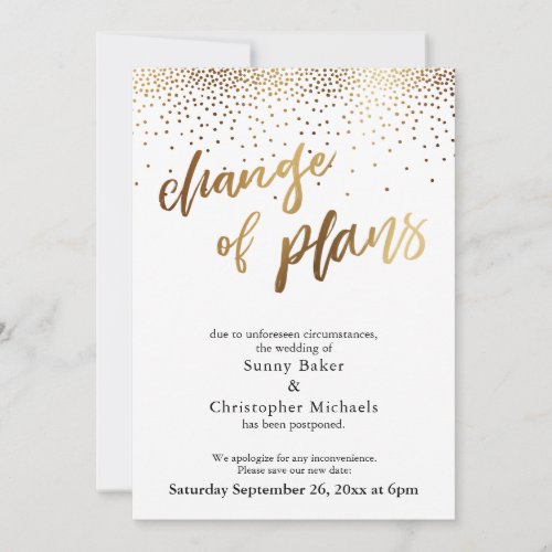 Gold Postponed Wedding Change of Plans Card